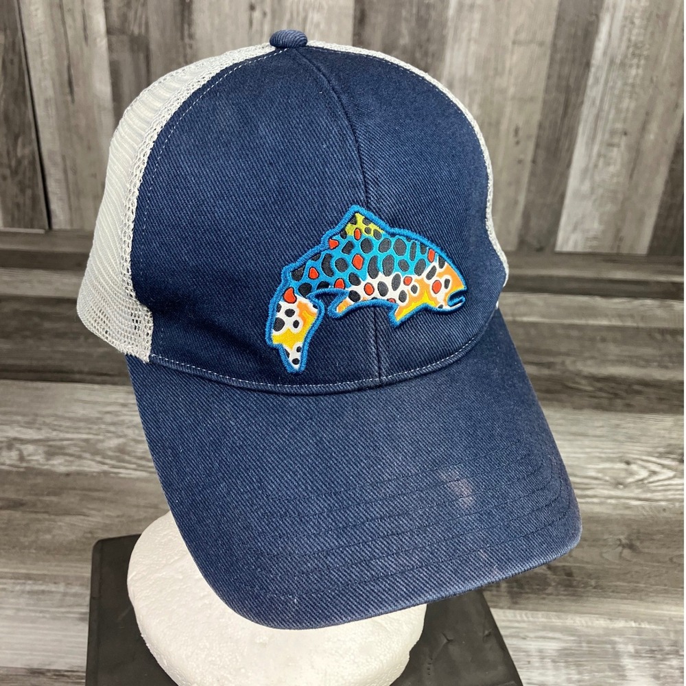 Simms Fishing Products Trout Patch Trucker Hat Navy Blue Gray Snapback Cap